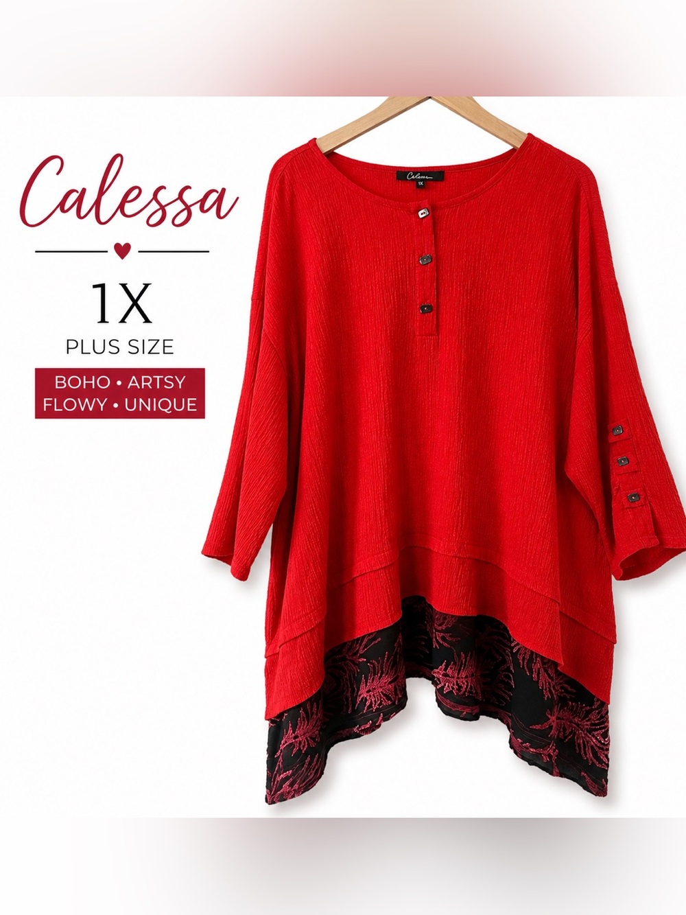 Calessa Round Neck Henley Placket 3/4 Sleeve Burnout Layered Hem Tunic 1X